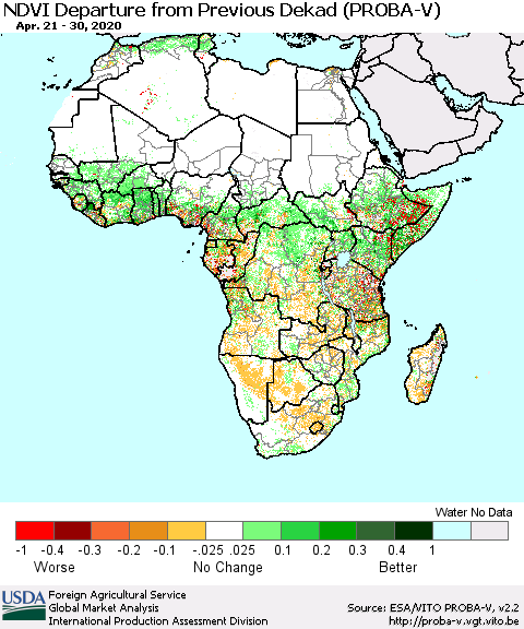 Africa NDVI Departure from Previous Dekad (PROBA-V) Thematic Map For 4/21/2020 - 4/30/2020