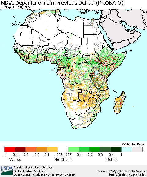 Africa NDVI Departure from Previous Dekad (PROBA-V) Thematic Map For 5/1/2020 - 5/10/2020