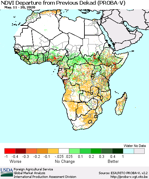 Africa NDVI Departure from Previous Dekad (PROBA-V) Thematic Map For 5/11/2020 - 5/20/2020