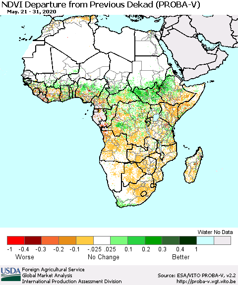 Africa NDVI Departure from Previous Dekad (PROBA-V) Thematic Map For 5/21/2020 - 5/31/2020