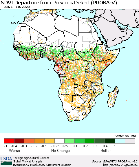 Africa NDVI Departure from Previous Dekad (PROBA-V) Thematic Map For 6/1/2020 - 6/10/2020