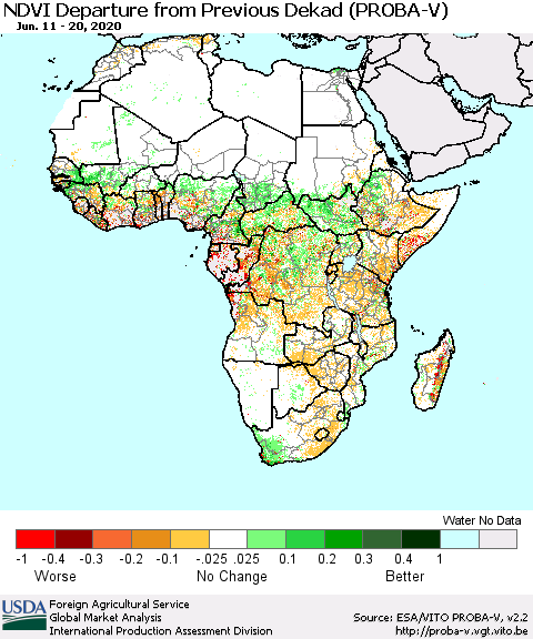 Africa NDVI Departure from Previous Dekad (PROBA-V) Thematic Map For 6/11/2020 - 6/20/2020