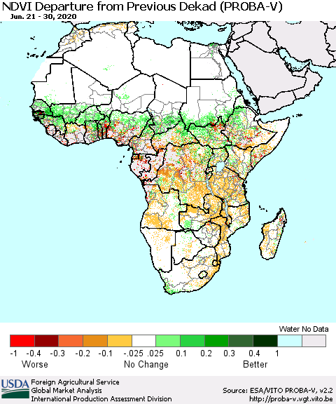 Africa NDVI Departure from Previous Dekad (PROBA-V) Thematic Map For 6/21/2020 - 6/30/2020