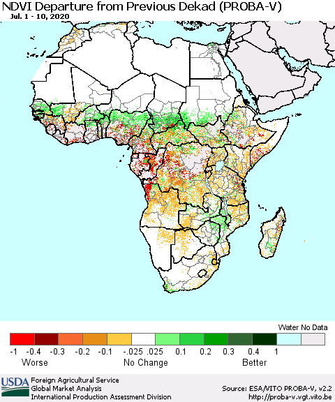 Africa NDVI Departure from Previous Dekad (PROBA-V) Thematic Map For 7/1/2020 - 7/10/2020