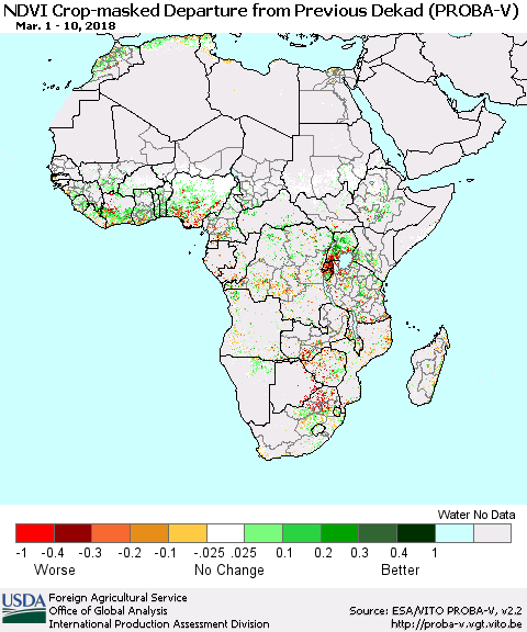 Africa NDVI Crop-masked Departure from Previous Dekad (PROBA-V) Thematic Map For 3/1/2018 - 3/10/2018