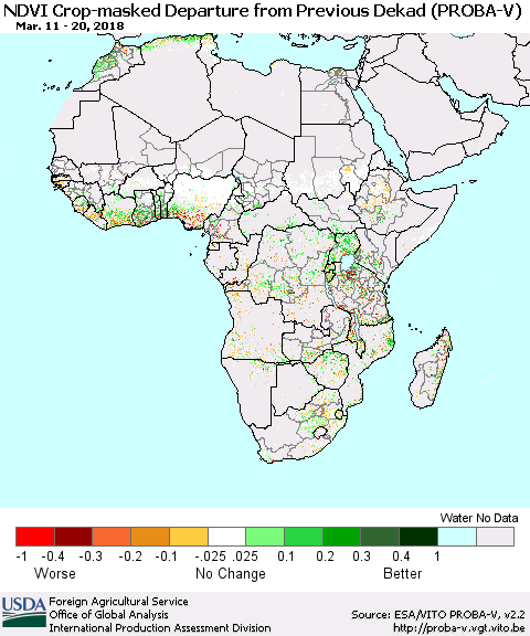 Africa NDVI Crop-masked Departure from Previous Dekad (PROBA-V) Thematic Map For 3/11/2018 - 3/20/2018