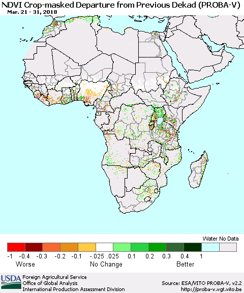 Africa NDVI Crop-masked Departure from Previous Dekad (PROBA-V) Thematic Map For 3/21/2018 - 3/31/2018