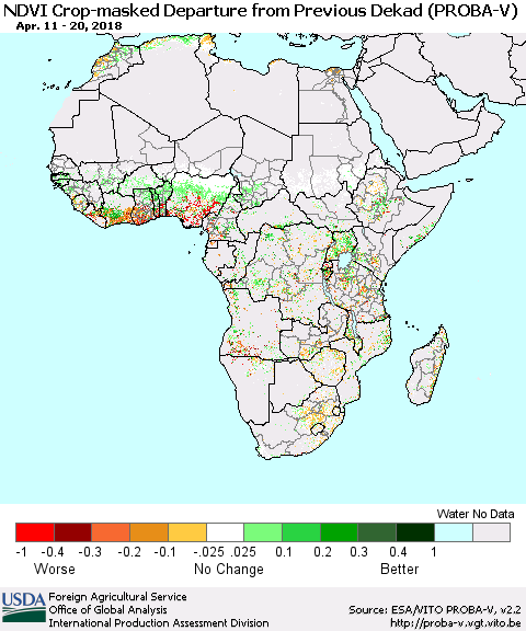 Africa NDVI Crop-masked Departure from Previous Dekad (PROBA-V) Thematic Map For 4/11/2018 - 4/20/2018