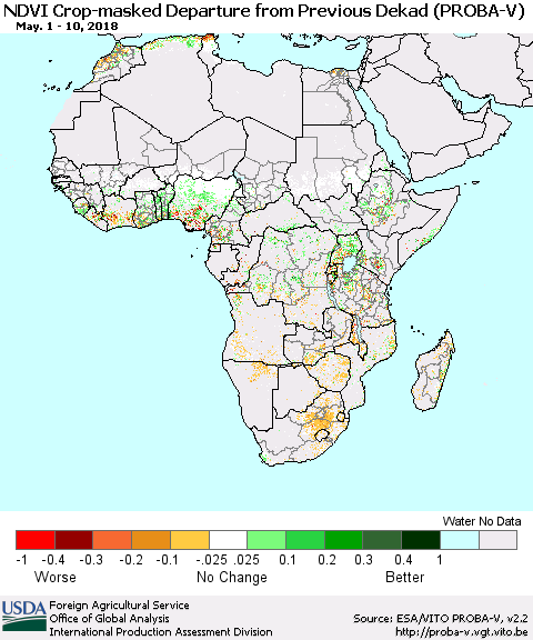 Africa NDVI Crop-masked Departure from Previous Dekad (PROBA-V) Thematic Map For 5/1/2018 - 5/10/2018