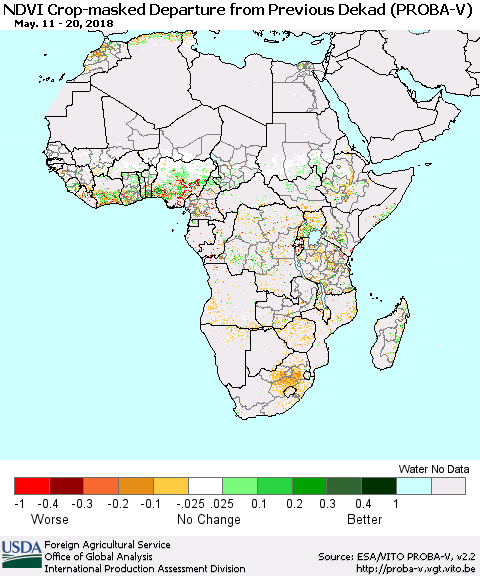 Africa NDVI Crop-masked Departure from Previous Dekad (PROBA-V) Thematic Map For 5/11/2018 - 5/20/2018
