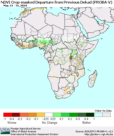 Africa NDVI Crop-masked Departure from Previous Dekad (PROBA-V) Thematic Map For 5/21/2018 - 5/31/2018