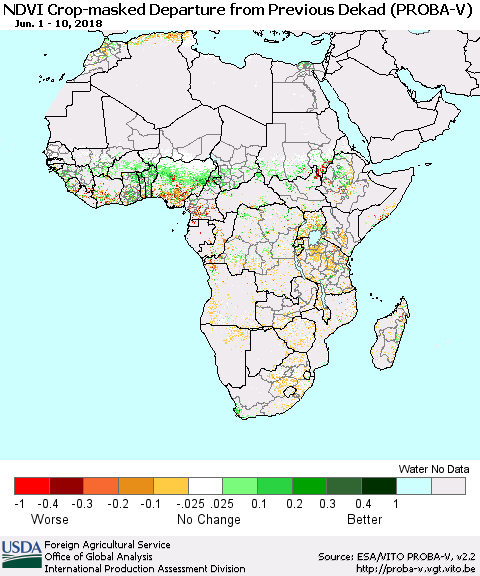 Africa NDVI Crop-masked Departure from Previous Dekad (PROBA-V) Thematic Map For 6/1/2018 - 6/10/2018