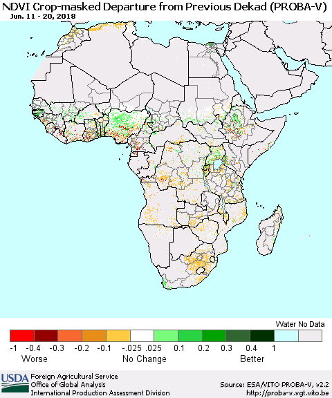 Africa NDVI Crop-masked Departure from Previous Dekad (PROBA-V) Thematic Map For 6/11/2018 - 6/20/2018