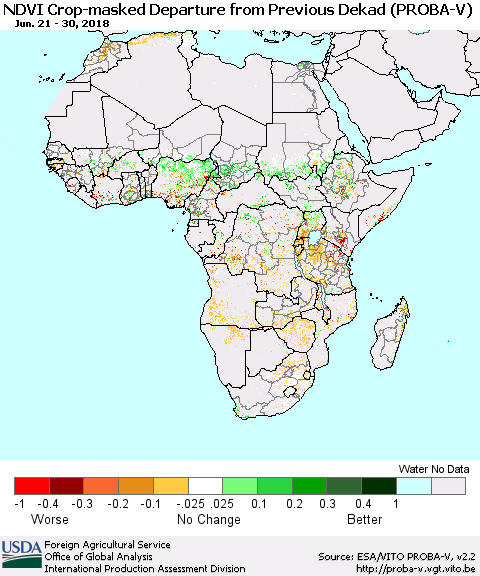 Africa NDVI Crop-masked Departure from Previous Dekad (PROBA-V) Thematic Map For 6/21/2018 - 6/30/2018