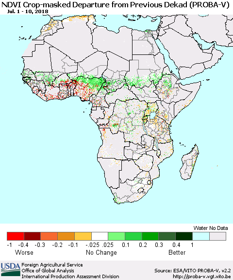 Africa NDVI Crop-masked Departure from Previous Dekad (PROBA-V) Thematic Map For 7/1/2018 - 7/10/2018