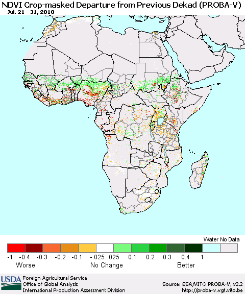 Africa NDVI Crop-masked Departure from Previous Dekad (PROBA-V) Thematic Map For 7/21/2018 - 7/31/2018