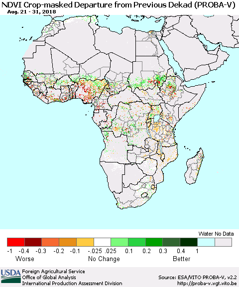 Africa NDVI Crop-masked Departure from Previous Dekad (PROBA-V) Thematic Map For 8/21/2018 - 8/31/2018