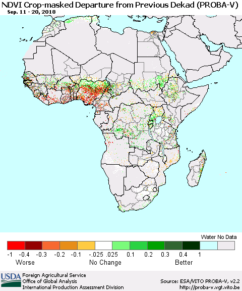 Africa NDVI Crop-masked Departure from Previous Dekad (PROBA-V) Thematic Map For 9/11/2018 - 9/20/2018