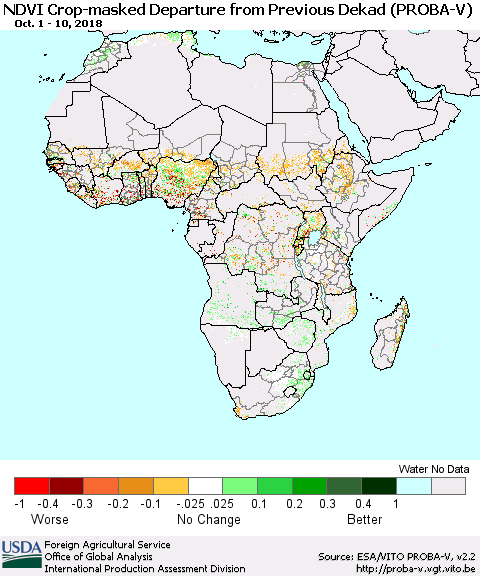 Africa NDVI Crop-masked Departure from Previous Dekad (PROBA-V) Thematic Map For 10/1/2018 - 10/10/2018