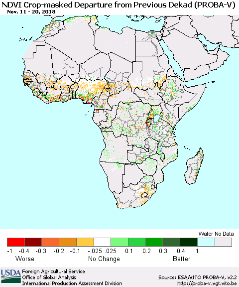Africa NDVI Crop-masked Departure from Previous Dekad (PROBA-V) Thematic Map For 11/11/2018 - 11/20/2018