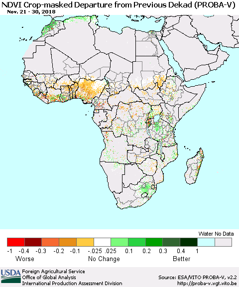 Africa NDVI Crop-masked Departure from Previous Dekad (PROBA-V) Thematic Map For 11/21/2018 - 11/30/2018