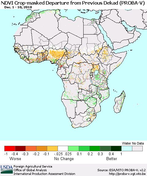 Africa NDVI Crop-masked Departure from Previous Dekad (PROBA-V) Thematic Map For 12/1/2018 - 12/10/2018