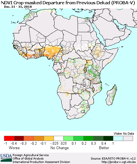 Africa NDVI Crop-masked Departure from Previous Dekad (PROBA-V) Thematic Map For 12/21/2018 - 12/31/2018