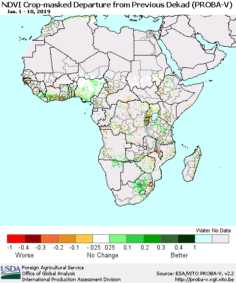 Africa NDVI Crop-masked Departure from Previous Dekad (PROBA-V) Thematic Map For 1/1/2019 - 1/10/2019