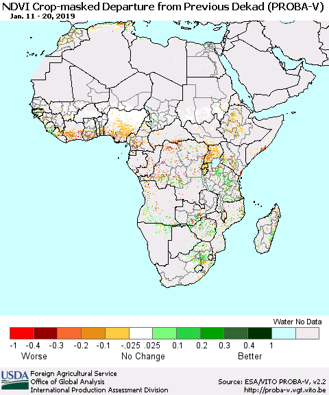 Africa NDVI Crop-masked Departure from Previous Dekad (PROBA-V) Thematic Map For 1/11/2019 - 1/20/2019
