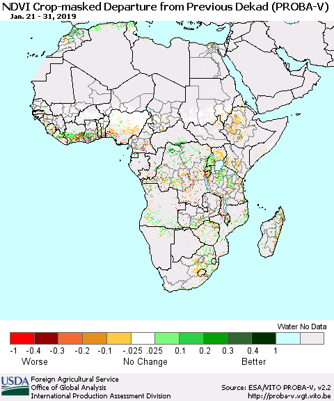 Africa NDVI Crop-masked Departure from Previous Dekad (PROBA-V) Thematic Map For 1/21/2019 - 1/31/2019