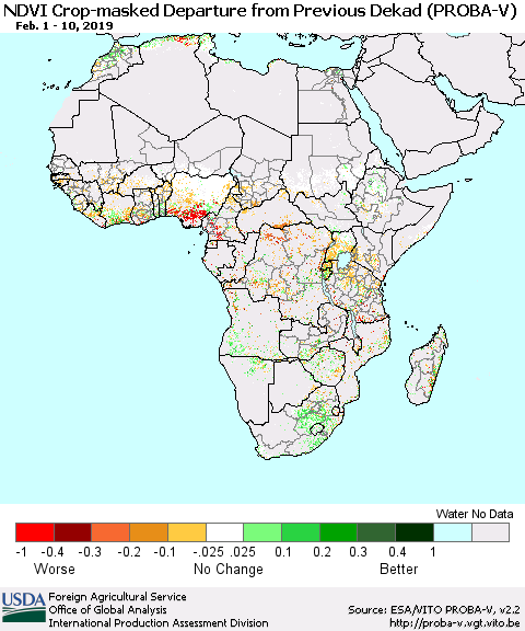 Africa NDVI Crop-masked Departure from Previous Dekad (PROBA-V) Thematic Map For 2/1/2019 - 2/10/2019