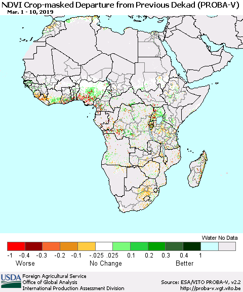 Africa NDVI Crop-masked Departure from Previous Dekad (PROBA-V) Thematic Map For 3/1/2019 - 3/10/2019