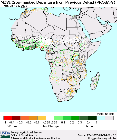 Africa NDVI Crop-masked Departure from Previous Dekad (PROBA-V) Thematic Map For 3/21/2019 - 3/31/2019
