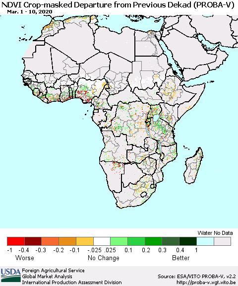 Africa NDVI Crop-masked Departure from Previous Dekad (PROBA-V) Thematic Map For 3/1/2020 - 3/10/2020