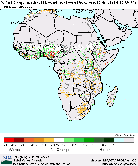 Africa NDVI Crop-masked Departure from Previous Dekad (PROBA-V) Thematic Map For 5/11/2020 - 5/20/2020