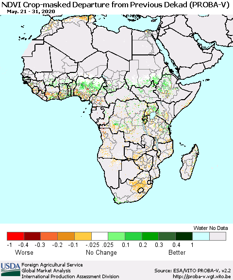 Africa NDVI Crop-masked Departure from Previous Dekad (PROBA-V) Thematic Map For 5/21/2020 - 5/31/2020