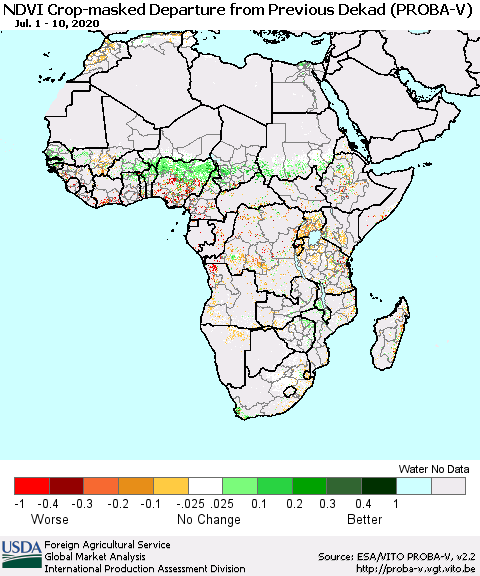 Africa NDVI Crop-masked Departure from Previous Dekad (PROBA-V) Thematic Map For 7/1/2020 - 7/10/2020