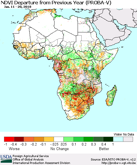 Africa NDVI Departure from Previous Year (PROBA-V) Thematic Map For 1/11/2018 - 1/20/2018