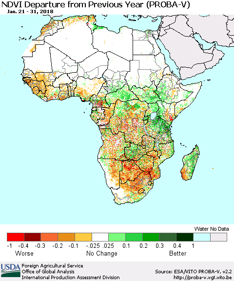 Africa NDVI Departure from Previous Year (PROBA-V) Thematic Map For 1/21/2018 - 1/31/2018