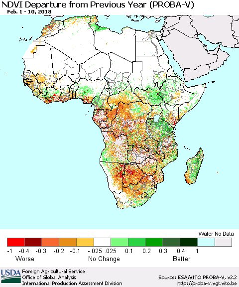 Africa NDVI Departure from Previous Year (PROBA-V) Thematic Map For 2/1/2018 - 2/10/2018