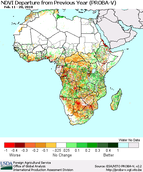 Africa NDVI Departure from Previous Year (PROBA-V) Thematic Map For 2/11/2018 - 2/20/2018