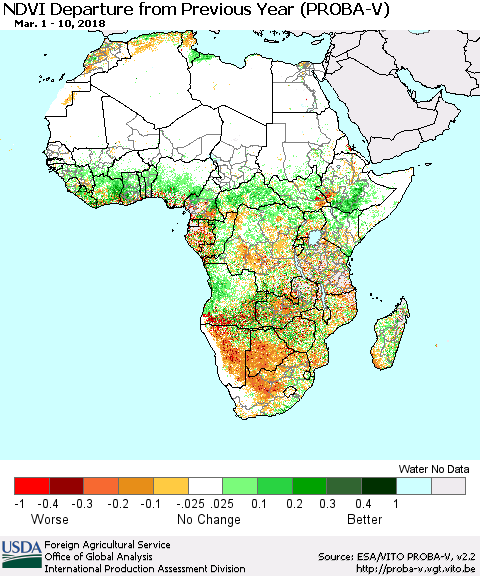 Africa NDVI Departure from Previous Year (PROBA-V) Thematic Map For 3/1/2018 - 3/10/2018