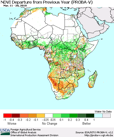 Africa NDVI Departure from Previous Year (PROBA-V) Thematic Map For 3/11/2018 - 3/20/2018