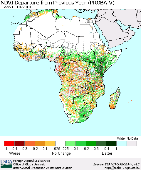 Africa NDVI Departure from Previous Year (PROBA-V) Thematic Map For 4/1/2018 - 4/10/2018