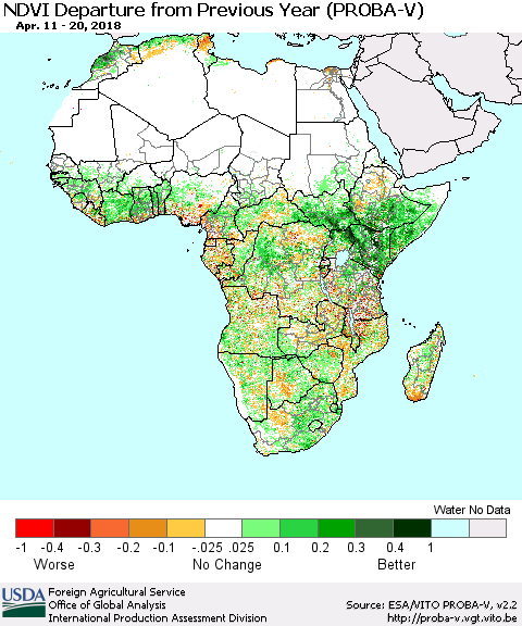 Africa NDVI Departure from Previous Year (PROBA-V) Thematic Map For 4/11/2018 - 4/20/2018