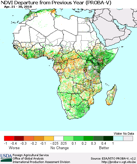 Africa NDVI Departure from Previous Year (PROBA-V) Thematic Map For 4/21/2018 - 4/30/2018