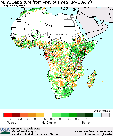 Africa NDVI Departure from Previous Year (PROBA-V) Thematic Map For 5/1/2018 - 5/10/2018