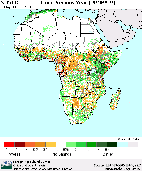 Africa NDVI Departure from Previous Year (PROBA-V) Thematic Map For 5/11/2018 - 5/20/2018