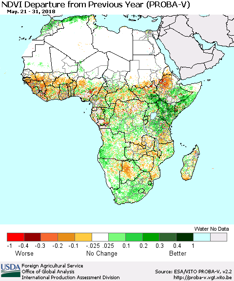 Africa NDVI Departure from Previous Year (PROBA-V) Thematic Map For 5/21/2018 - 5/31/2018