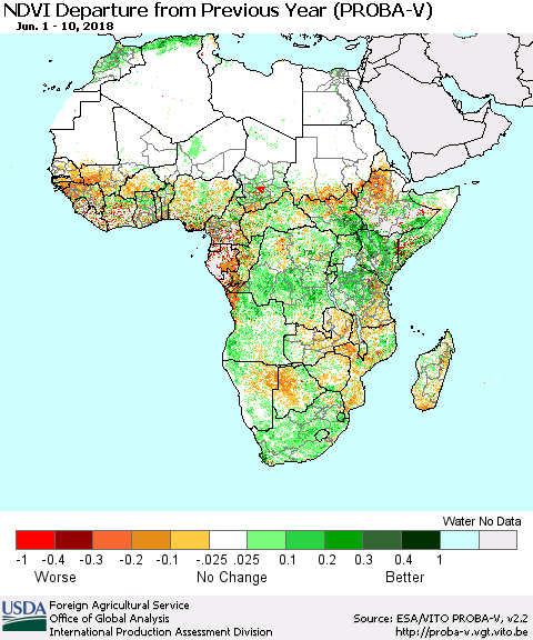 Africa NDVI Departure from Previous Year (PROBA-V) Thematic Map For 6/1/2018 - 6/10/2018
